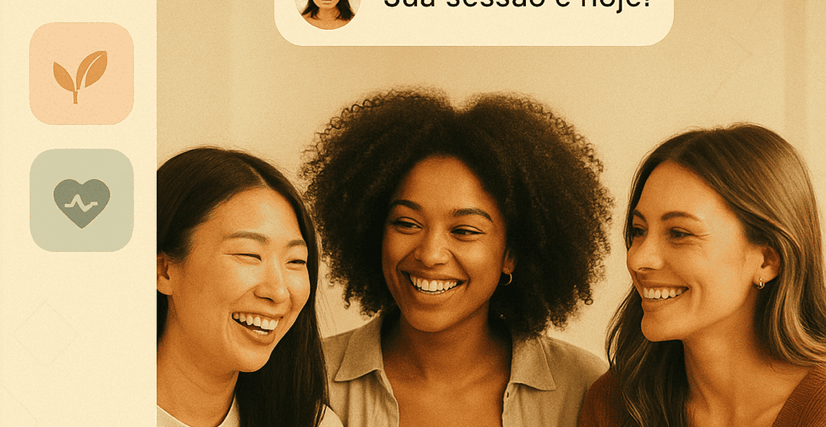 Três mulheres sorrindo e conversando em um ambiente claro. Elementos gráficos de saúde e bem-estar estão à esquerda.